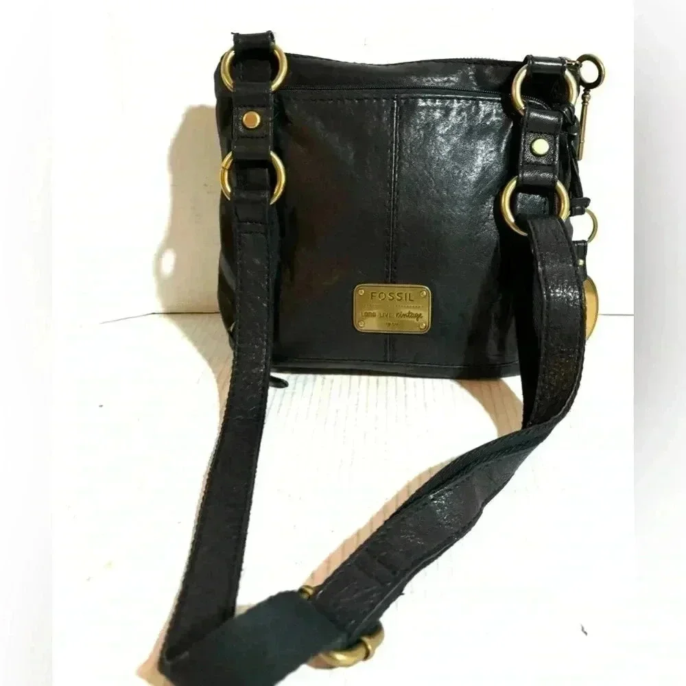 Fossil black leather crossbody handbag - Picture 1 of 11